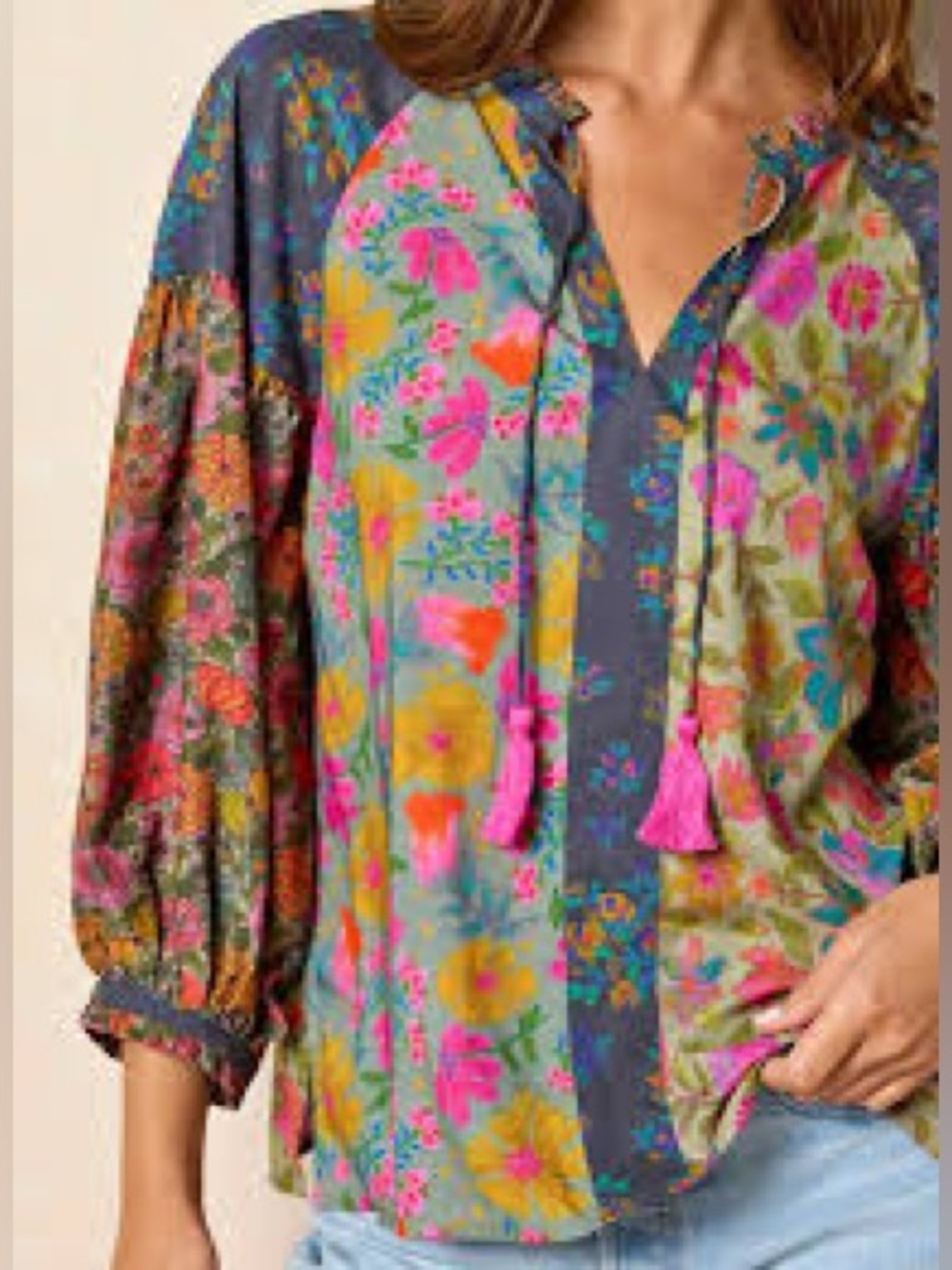 Natural Life Boho Floral Tassel Peasant Blouse in Multicolor